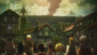 Mikasa, Eren, and Armin look up at the Wall