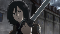 Mikasa inspects her blade after killing an abormal Titan