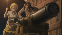 Ymir, Christa, and Conny find a cannon