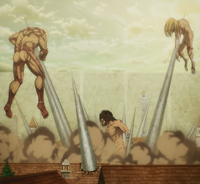 Eren impales the Armored and Jaw Titans