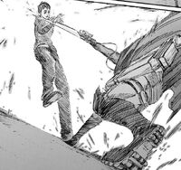 Bertolt is slashed by Mikasa