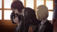 Mikasa listens as Eren explains why Zeke is telling the truth