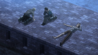 Reiner, Bertholdt, and Ymir rest on top of the Wall at Shiganshina