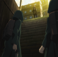 Annie is confronted by Armin, Eren, and Mikasa