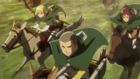 Sasha rides with Conny and Historia to rescue Eren