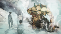 The replica Beast Titan withers beneath the Armored Titan