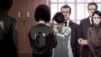 Kiyomi clasps Mikasa's shoulders