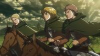 Jean, Reiner and Armin follow the Titan