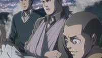 Reiner, Bertholdt, and Conny are shocked by Ymir's transformation into a Titan