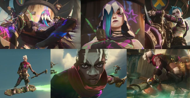 Ekko and Jinx show up to help in the final battle, both displaying paint marks (in Jinx's usual style) on their bodies and their new outfits.