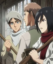 Eren, Jean, and Mikasa living in the hide-out cabin.