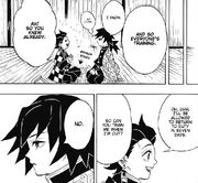 Tanjiro tries to talk with Giyu