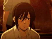 Eren and Mikasa blushing and looking at each other.
