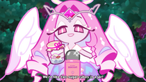 Eternal Sugar Cookie holding a jar with two sugar cubes representing her and Hollyberry Cookie in the ASMR video