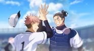 Todo and Yuji high five while playing baseball
