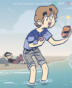Ricky chilling on the sand as Spencer shows a seashell to Tidy.
