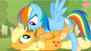 Rainbow Dash tackles a surprised Applejack to the grass.