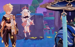 Aether enjoying Paimon and Wanderer's bickering