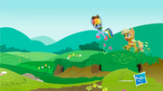 Rainbow wears Applejack's hat as Applejack chases her, both have big smiles on their faces