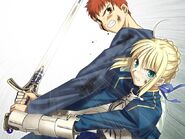 Shirou and Artoria wielding Caliburn in Fate