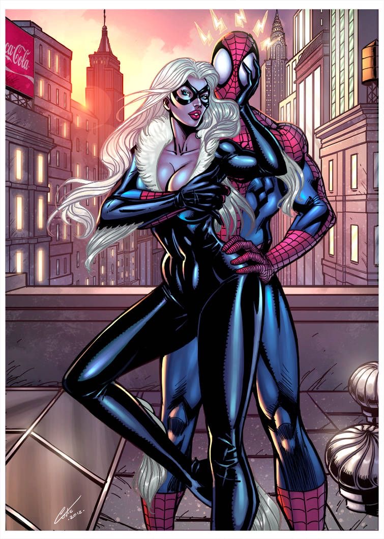 black cat and spiderman making out