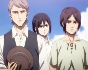 Eren, Jean, and Mikasa building the track road.