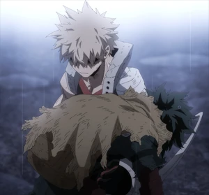Katsuki prevents Deku from collapsing from fatigue.