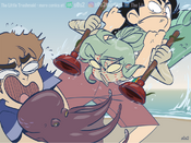 ...for then Tidy suddenly appear with two drain cleaners attempting to attack the octopus, with Ricky stopping her while Spencer tries to dodge the assault as he holds the octopod out of fear.