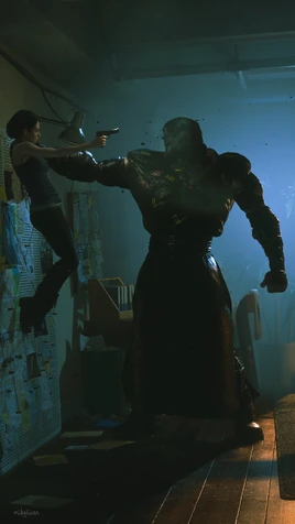 Nemestine - Jill shoots at Nemesis in her apartment