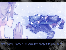 ...making him fall, as he giggles while apologizing...