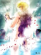 Illustration for the spin-off Saint Seiya: Saintia Sho, by Chimaki Kuoki. Saga in his bath, surrounded by rose petals.
