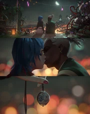 Ekko and Powder kiss later that night. However, Ekko knows he can't stay and so he isn't meant to stay with Powder from this alternate universe. Thus he gifts her a necklace with a blue rose.