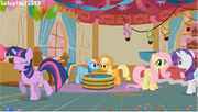 Rainbow Dash seems to peck a smugly smiling Applejack's cheek.