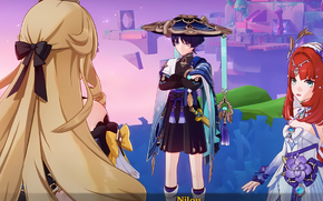 Wanderer looking at Aether and Paimon's direction