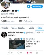 Jon Bernthal liking a Kastle tweet by Deborah Ann Woll