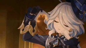 Furina holding a burning blank photograph paper over Neuvillette.