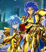Saint Seiya Awakening ad with Aphrodite and Saga standing nex to each other.
