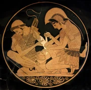 Achilles tending Patroclus wounded by an arrow, identified by inscriptions on the upper part of the vase. Tondo of an Attic red-figure kylix, ca. 500 BC