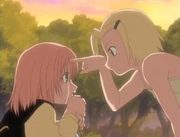 Ino tells Sakura not to hide her forehead behind her bangs.