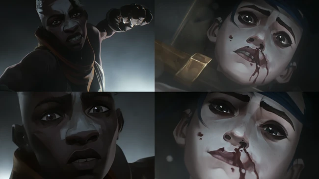 Ekko pins Jinx down but freezes himself when he locks eyes with her, and both share a look of longing and nostalgia for their shared childhood.
