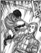 Levi carefully lying Erwin's body on the roof