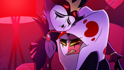 Blitzo holding a drunk Stolas in his lap during Apology Tour