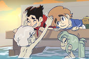 Ricky and Spencer getting head patted by Tidy's merman friend