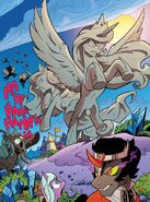 Sombra in front of Luna and Celestia's stone-turned statue.