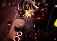 V shooting a missle at Doll while Uzi runs towards her