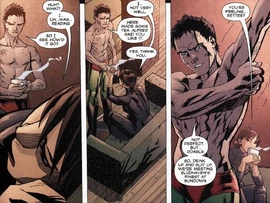 Tim gives a drink to Cass