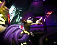 Uzi looking worried at V while still fighting over with Doll