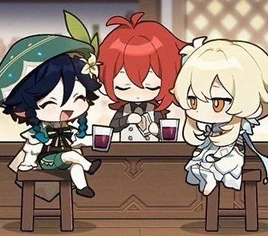 Diluc and Venti official art with Lumine