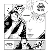 Geto's body reacts to Gojo's voice.