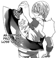 Takumi with his signature knife, the Mezzaluna. (Chapter 17)